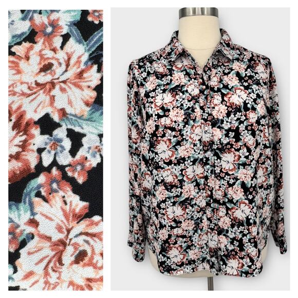 Lauren Conrad Womens Floral Button Up Top Size 1X Pleated Relaxed Long Sleeve - Picture 1 of 13